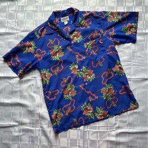Pomare Blue Vintage Hawaiian Luau Print Lightweight Button Up T-shirt